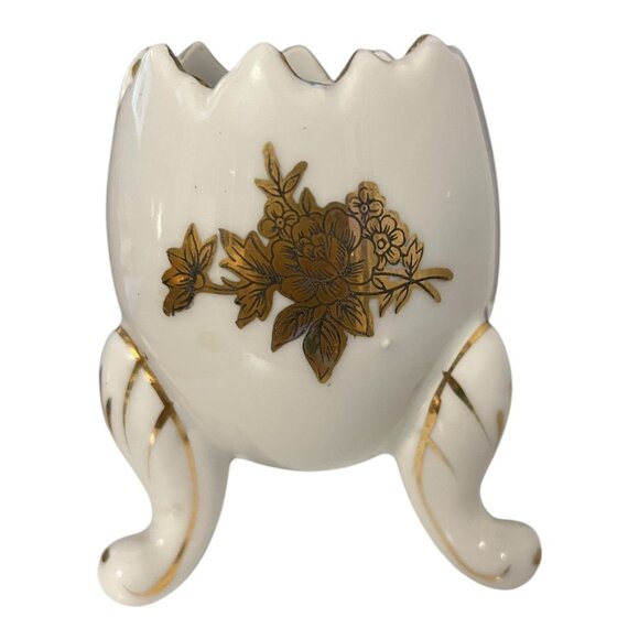Vintage Napcoware Japan Porcelain Egg Shell Vase – Gold Floral Tripod Footed - Picture 1 of 6